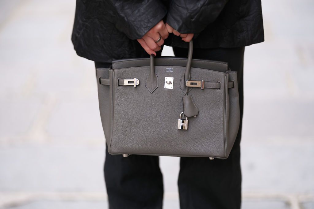 PARIS, FRANCE - OCTOBER 27: Diane Batoukina wears a gray Hermes Birkin leather bag, during a street style fashion photo session, on October 27, 2023 in Paris, France. (Photo by Edward Berthelot/Getty Images)
