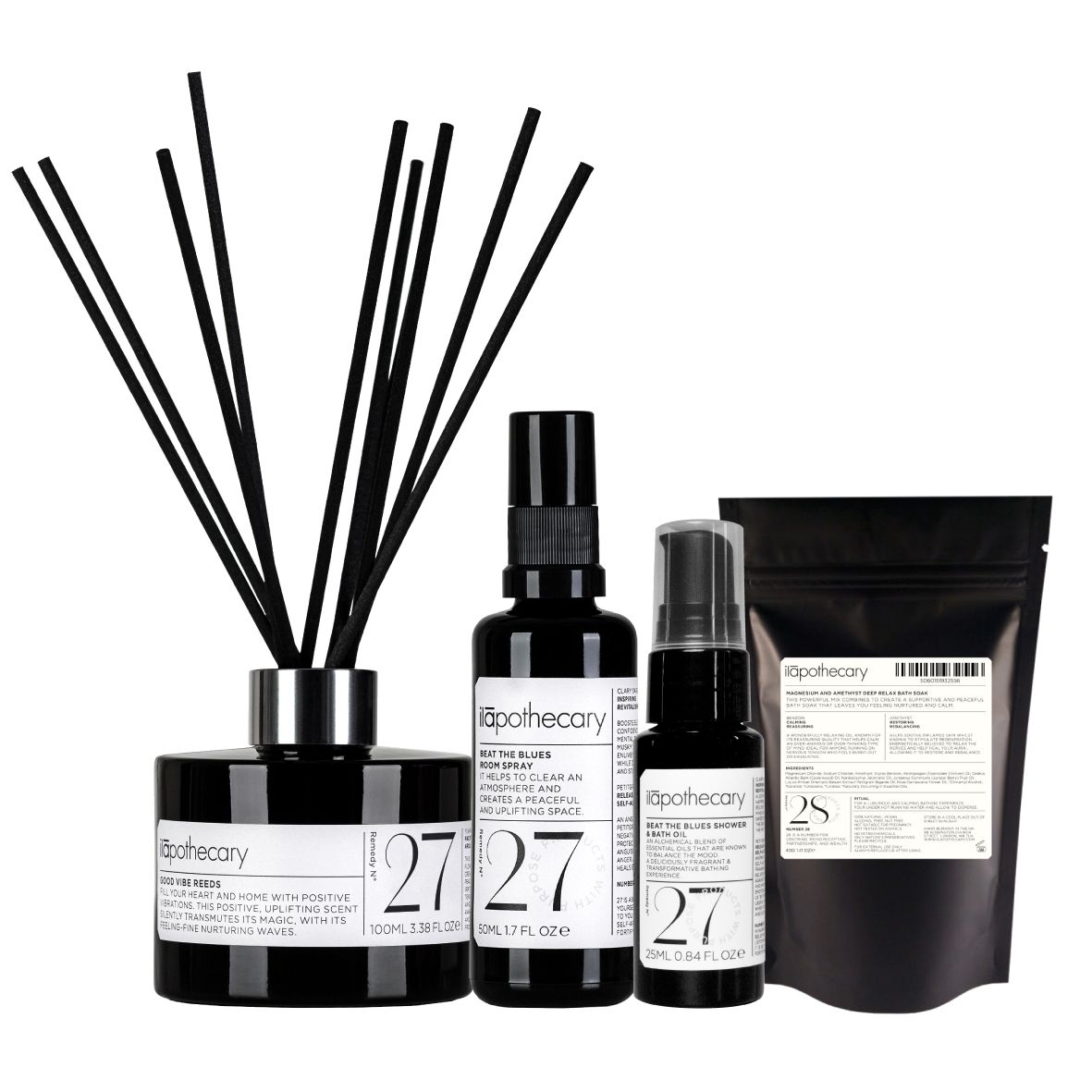 快樂曙光組，限量 10 組，特價 4,050 元 。（No. 27 藍鬱晚香精油室內擴香 100ml No. 27 藍鬱晚香濃縮空間噴霧 50ml No.28 紫晶鎂夢好眠浴鹽 旅行裝 40g No.27 藍鬱晚香按摩潔膚蜜 25ml ）