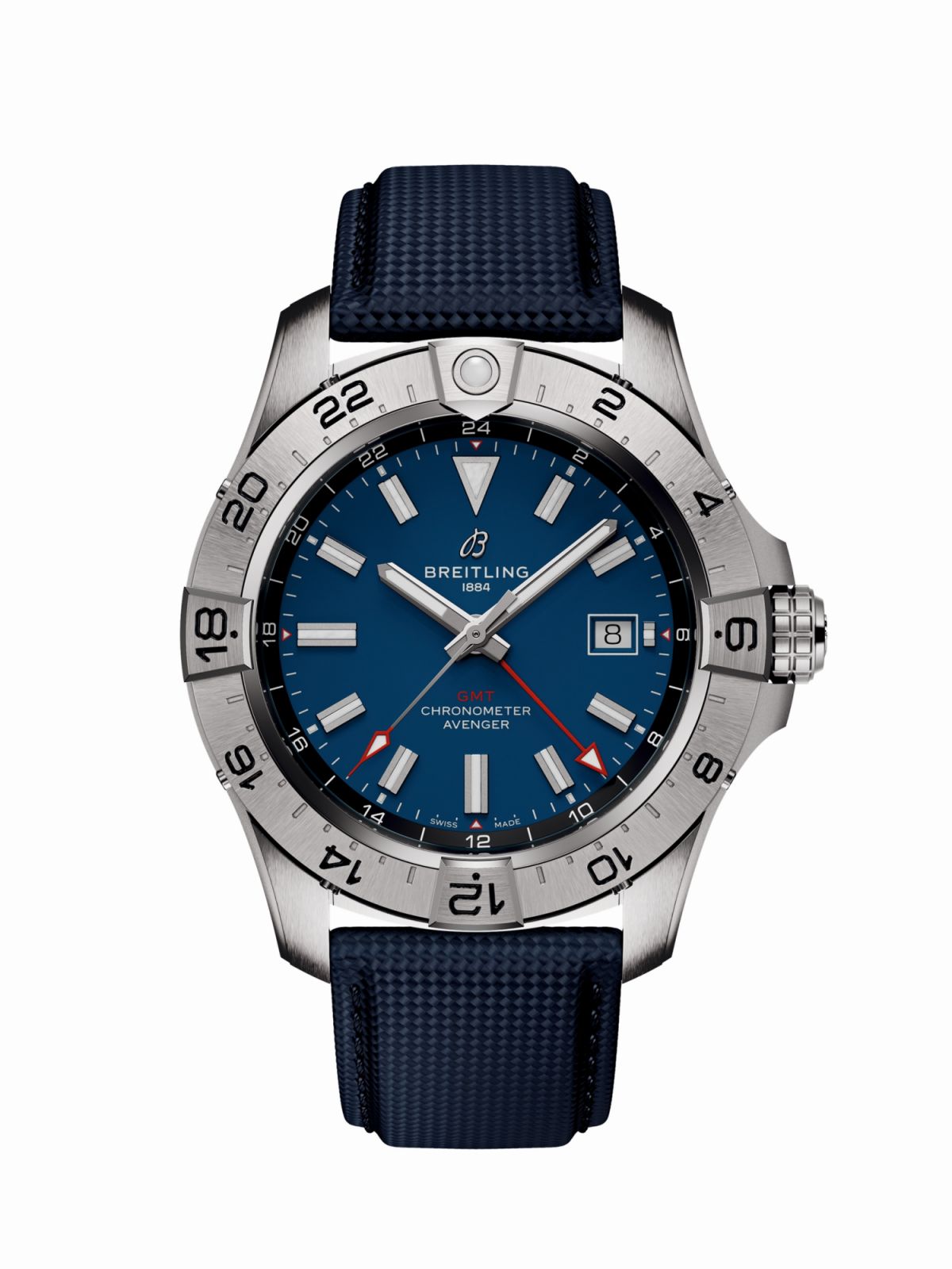 復仇者世界時區自動腕錶,藍色面盤。(Photo: Breitling)