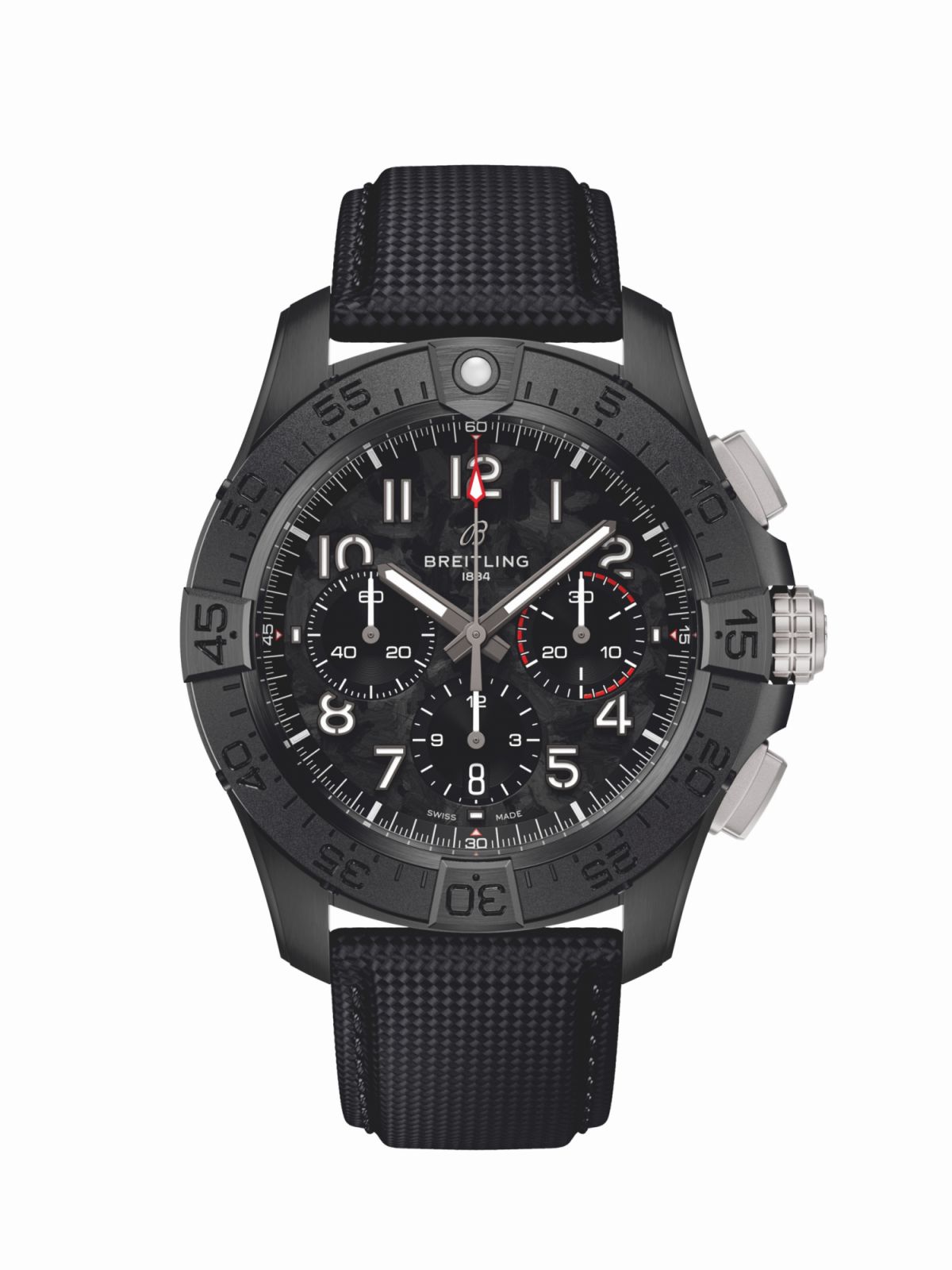 復仇者夜間任務計時腕錶,黑色碳纖維面盤。(Photo: Breitling)