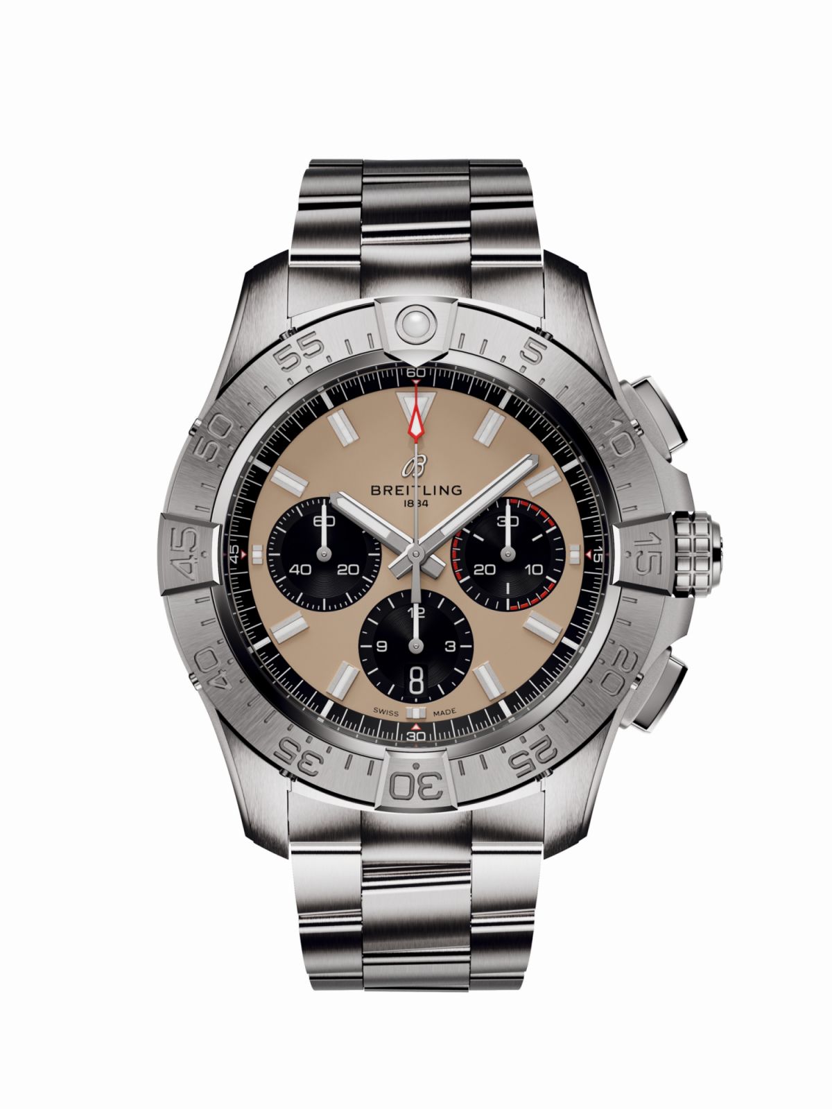 復仇者B01計時腕錶,沙色面盤。(Photo: Breitling)
