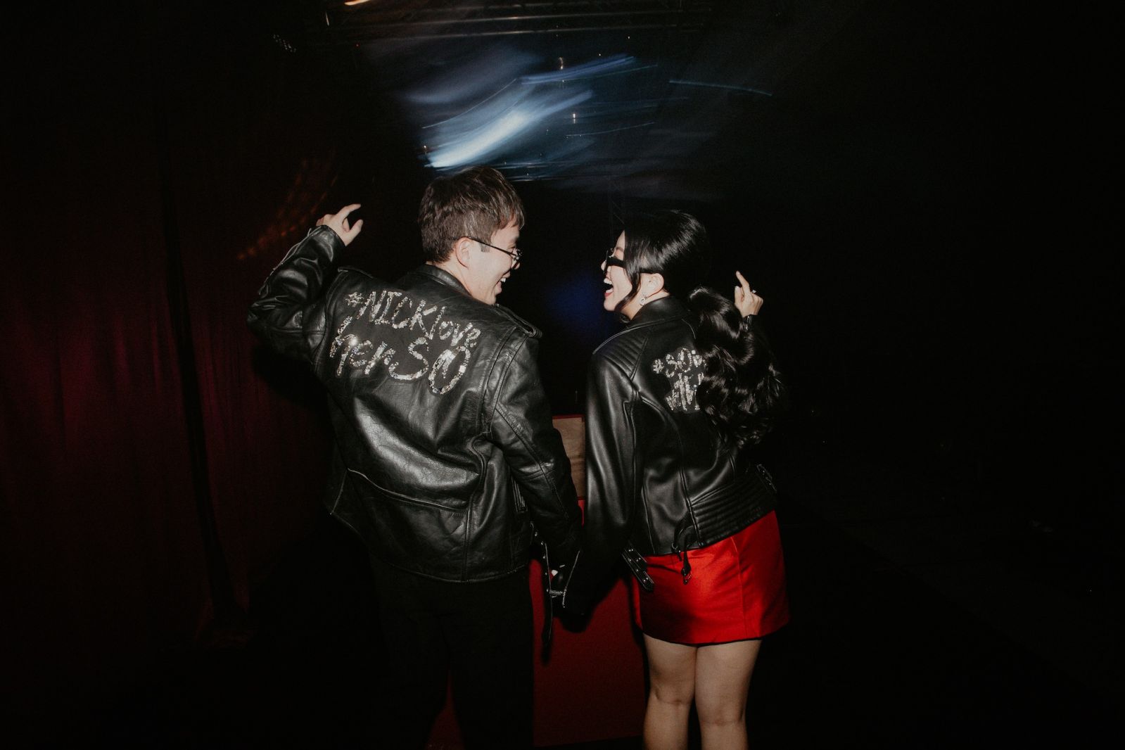 Nickson and Jing Theng with their customised leather jackets at the after-party
