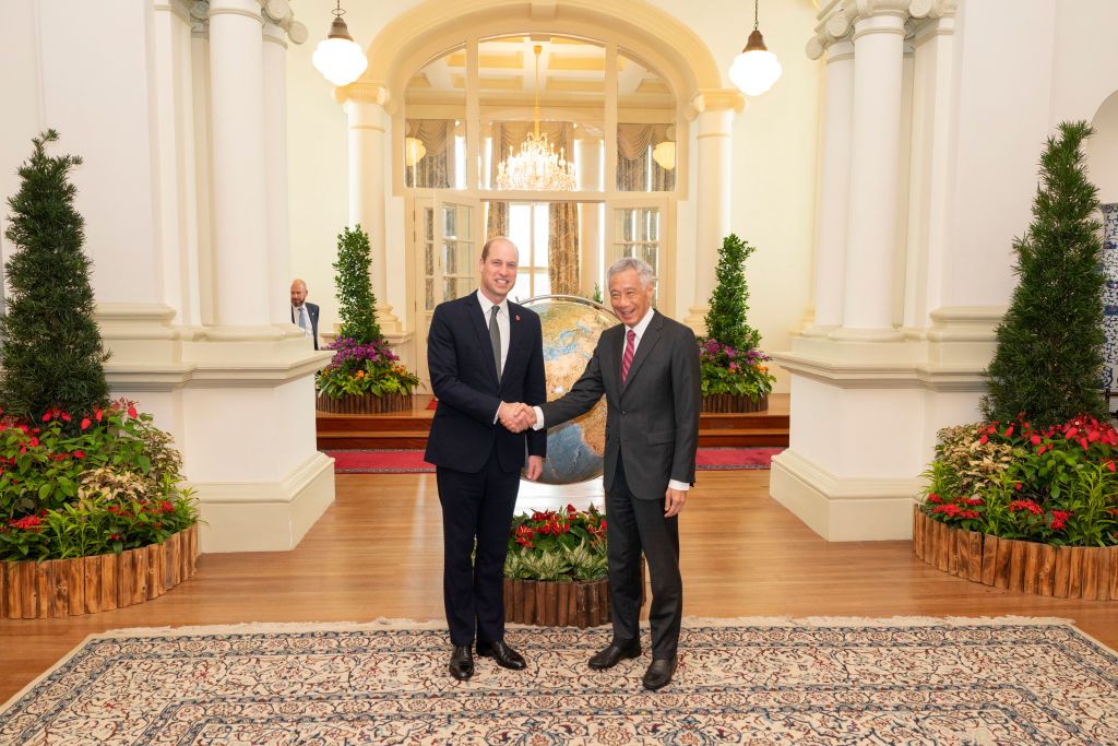 SINGAPORE, SINGAPORE - NOVEMBER 6: Prince William, Prince of Wales meets the Prime Minister of Singapore, Lee Hsien Loong, during an audience at the Istana in Singapore, the official office of the President of the Republic of Singapore, on day two of his visit to Singapore on November 6, 2023 in Singapore. The Prince of Wales is visiting Singapore to attend the Earthshot Prize Awards and will also carry out several engagements related to environmental issues. (Photo by Jordan Pettitt - Pool/Getty Images)