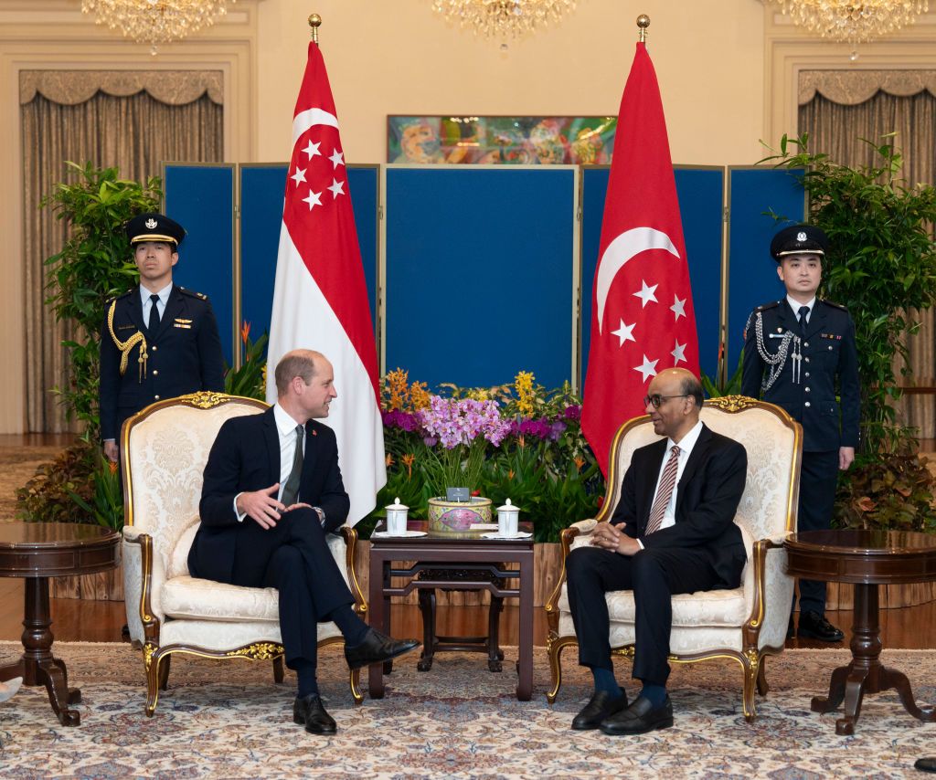 SINGAPORE, SINGAPORE - NOVEMBER 6: Prince William, Prince of Wales meets the President of Singapore, Tharman Shanmugaratnam, during an audience at the Istana in Singapore, the official office of the President of the Republic of Singapore on day two of his visit to Singapore on November 6, 2023 in Singapore. The Prince of Wales is visiting Singapore to attend the Earthshot Prize Awards and will also carry out several engagements related to environmental issues. (Photo by Jordan Pettitt - Pool/Getty Images)