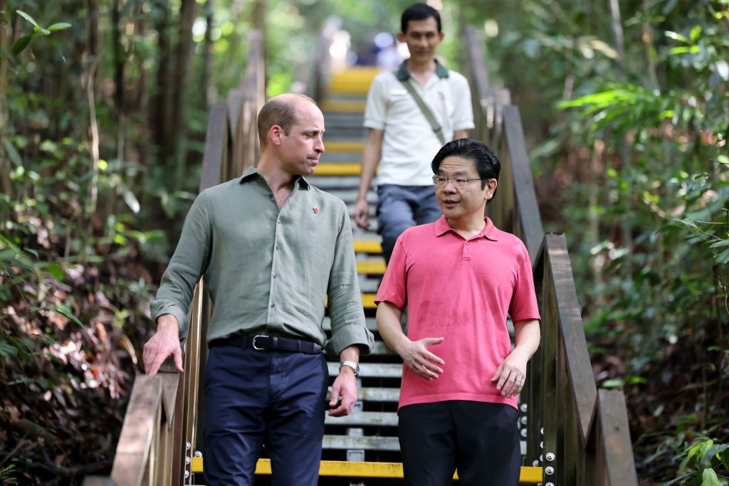 SINGAPORE, SINGAPORE - NOVEMBER 08: Prince William, Prince of Wales and Deputy Prime Minister and Minister for Finance, Lawrence Wong walk along a trail at the TreeTop Walk, located at the Central Catchment Nature Reserve on day four of his visit to Singapore on November 08, 2023 in Singapore. The Prince of Wales is visiting Singapore to attend the Earthshot Prize Awards and will also carry out several engagements related to environmental issues. (Photo by Chris Jackson/Getty Images)