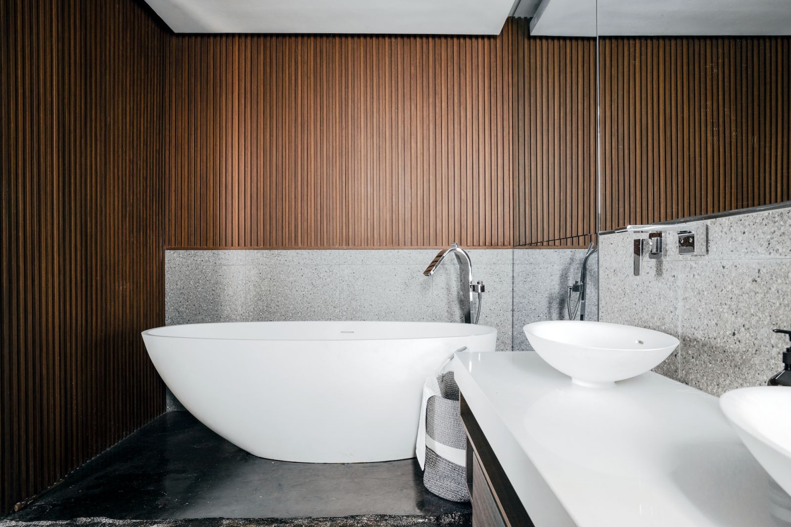 The master bathroom has a resort feel