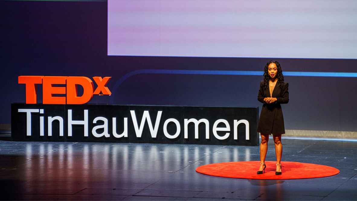 Eny Bawse speaking at TedXTinHauWomen (Photo: courtesy of TedXTinHauWomen)