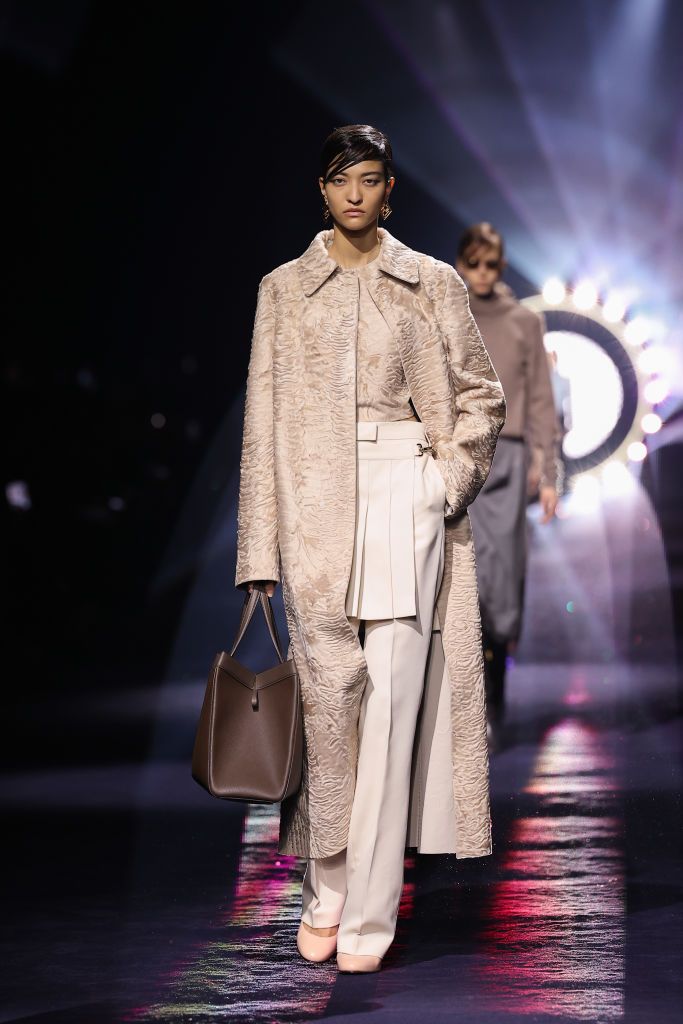 MILAN, ITALY - FEBRUARY 22: A model walks the runway at the Fendi fashion show during the Milan Fashion Week Womenswear Fall/Winter 2023/2024 on February 22, 2023 in Milan, Italy. (Photo by Pietro D'Aprano/Getty Images)