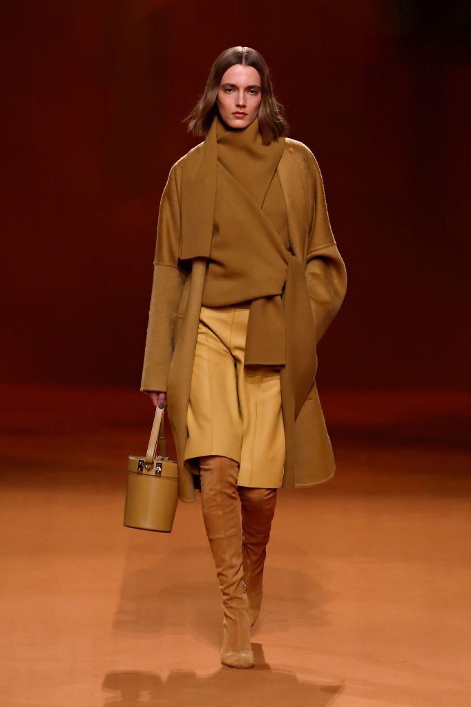 (EDITORIAL USE ONLY - For Non-Editorial use please seek approval from Fashion House) A model walks the runway during the Hermes Womenswear Fall Winter 2023-2024 show as part of Paris Fashion Week on March 4, 2023 in Paris, France. (Photo by Estrop/Getty Images)