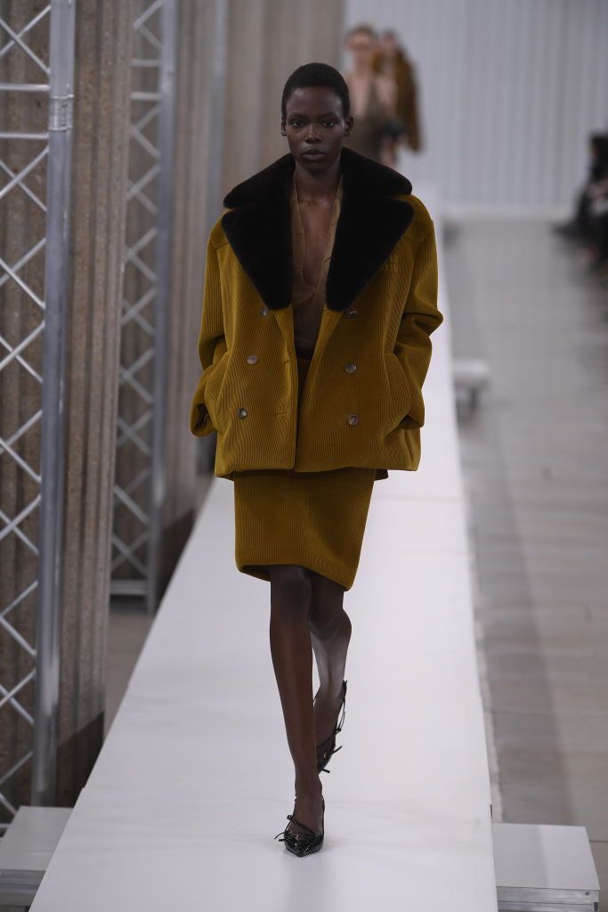 Model on the runway at Miu Miu Fall 2023 Ready To Wear Fashion Show on March 7, 2023 at the French Economic, Social and Environmental Council in Paris, France. (Photo by Giovanni Giannoni/WWD via Getty Images)