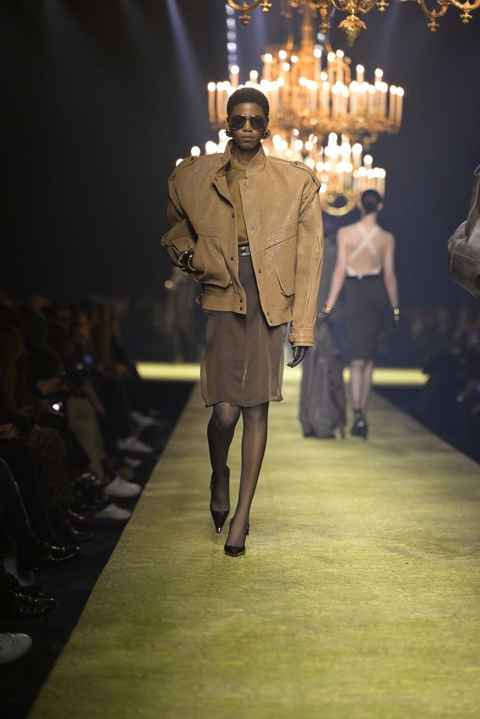 Model. on the runway at Saint Laurent Fall 2023 Ready To Wear Fashion Show on February 28, 2023 in Paris, France. (Photo by Giovanni Giannoni/WWD via Getty Images)