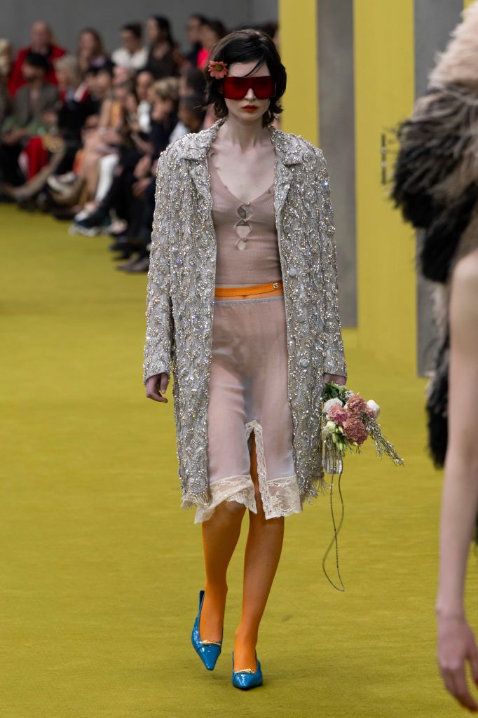 MILAN, ITALY - FEBRUARY 24: A model walks the runway during the Gucci Ready to Wear Fall/Winter 2023-2024 fashion show as part of the Milan Fashion Week on February 24, 2023 in Milan, Italy. (Photo by Victor VIRGILE/Gamma-Rapho via Getty Images)