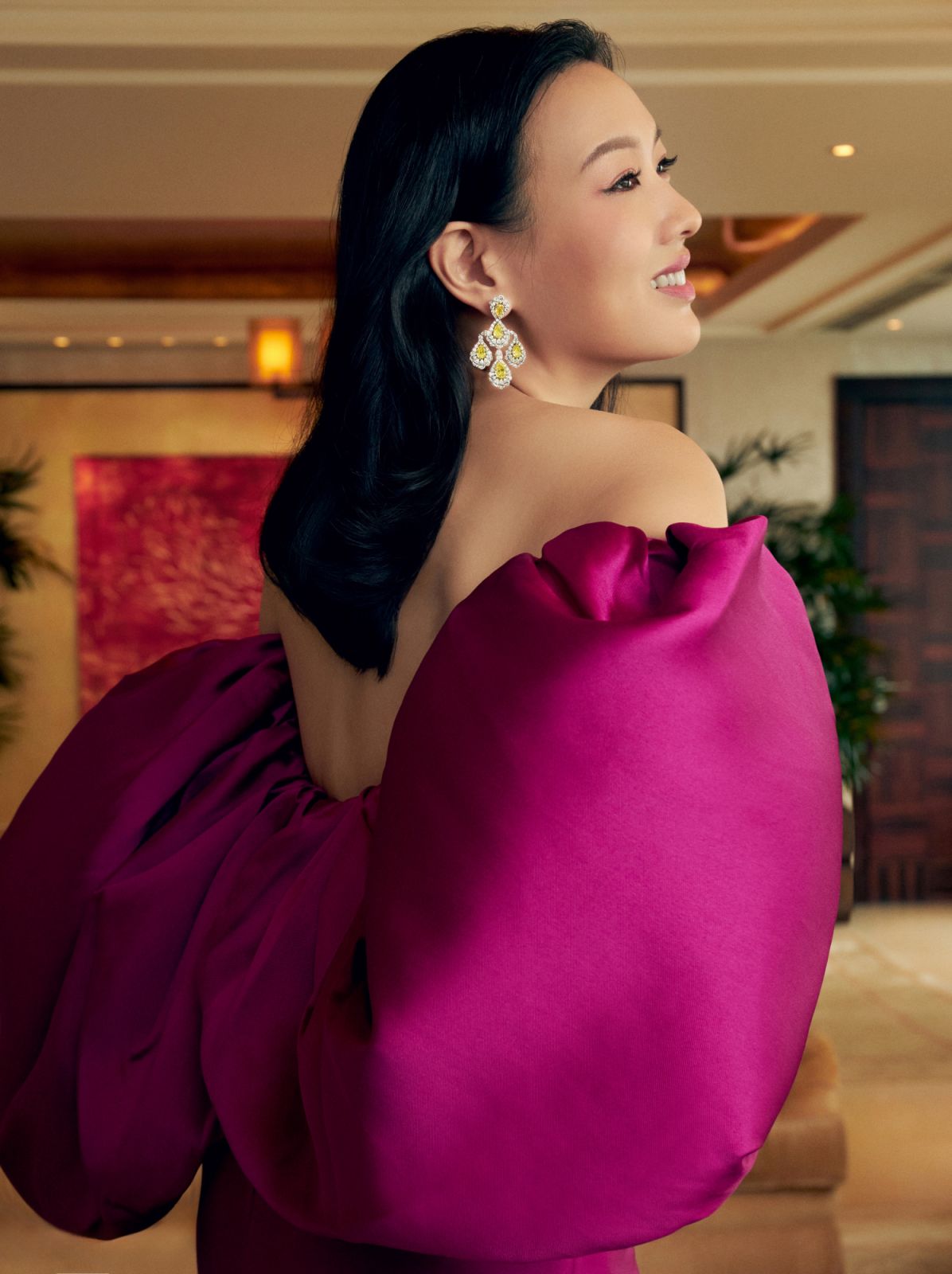 Joyce Tam wearing Red Carpet Collection brooch and earrings, and Chopard High Jewellery Collection ring (Photo: Karl Lam / Tatler Hong Kong)