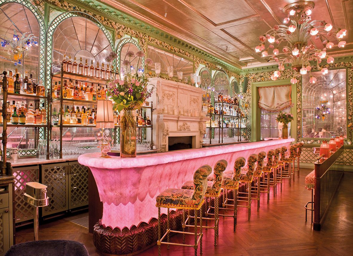 The sumptuous pink bar in the Rose Room at London members’ club Annabel’s (Photo: Martin Brudnizki Design Studio)