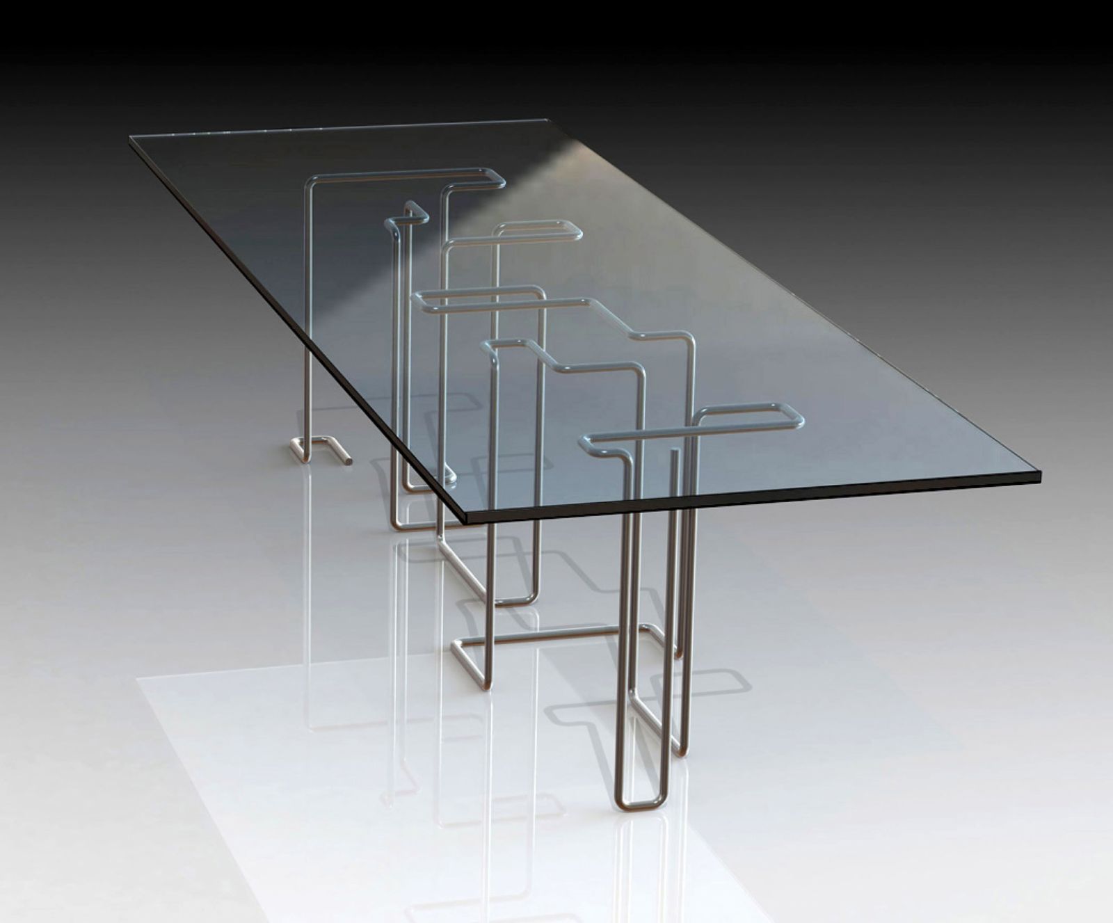 A swanky, Bauhaus-inspired dining table with a geometric metal base (Photo: Pollaro.com)