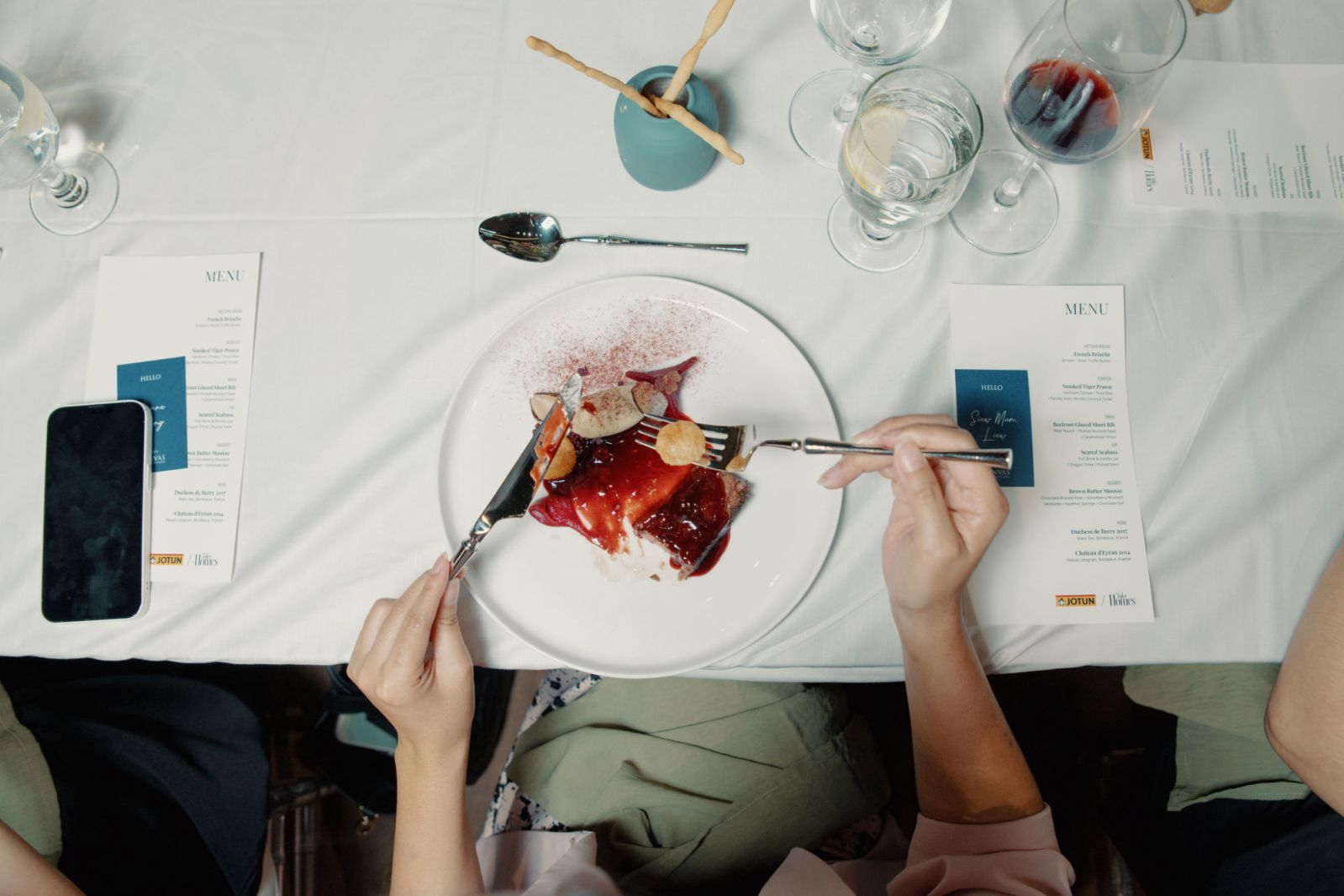 Guests tucked into the Beetroot glazed short rib main, featuring beet "ravioli", pickled mustard seed and caramelised onion