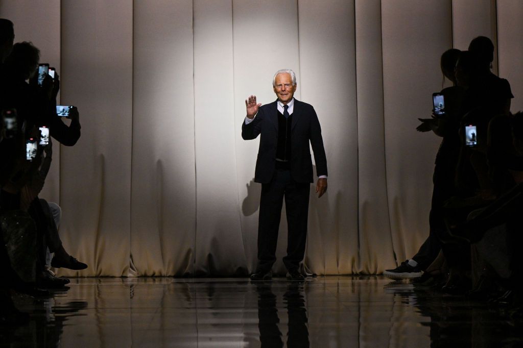 PARIS, FRANCE - JULY 04: (EDITORIAL USE ONLY - For Non-Editorial use please seek approval from Fashion House) Designer Giorgio Armani walks the runway during the Giorgio Armani PrivÃ© Haute Couture Fall/Winter 2023/2024 show as part of Paris Fashion Week on July 04, 2023 in Paris, France. (Photo by Stephane Cardinale - Corbis/Corbis via Getty Images)