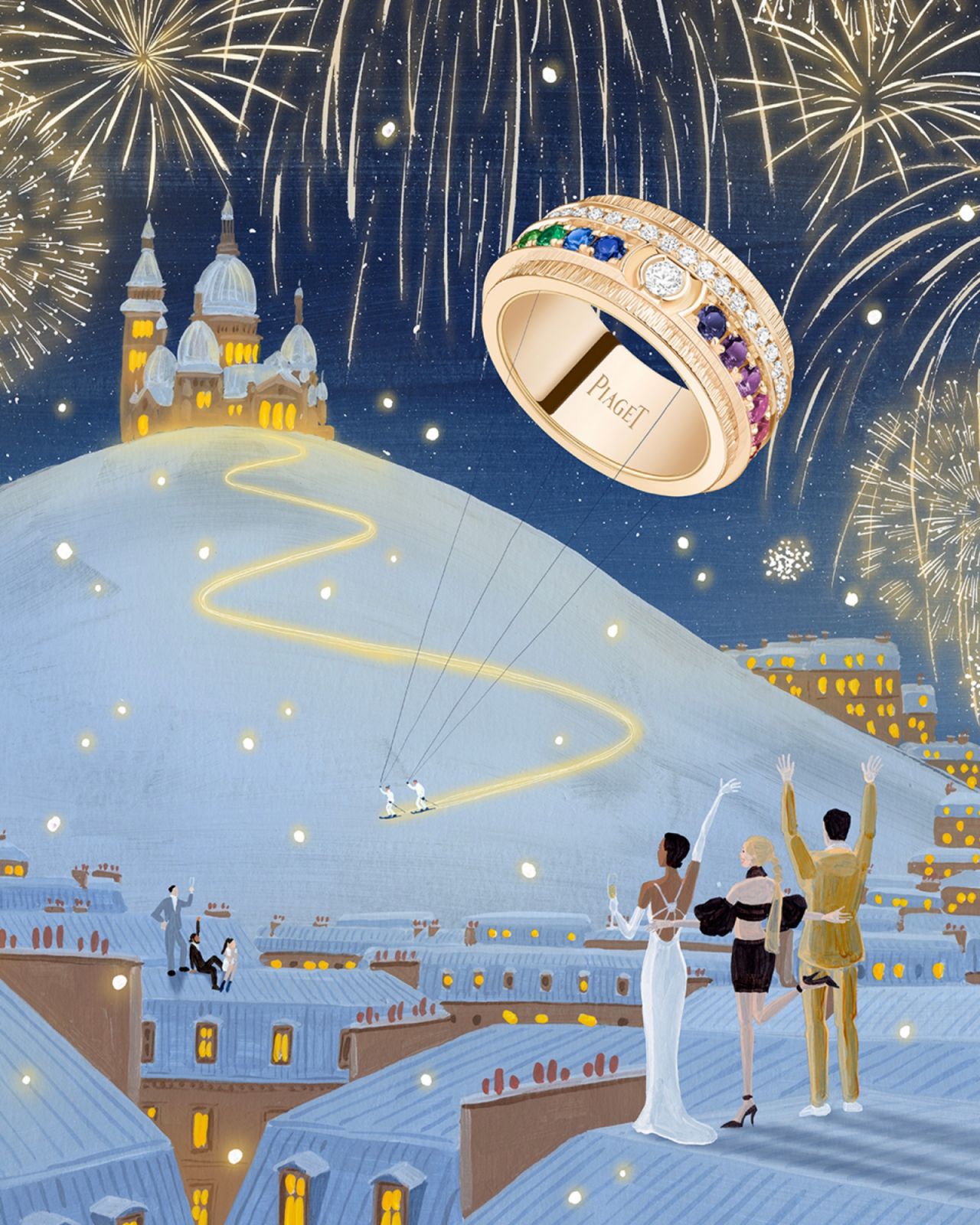 Piaget邀請插畫家Yukiko Noritake以伯爵珠寶與腕錶作品為主題描繪的聖誕場景，在她的畫作中Possession系列化為許多場景的一部分，充滿驚喜。（Photo: Piaget）