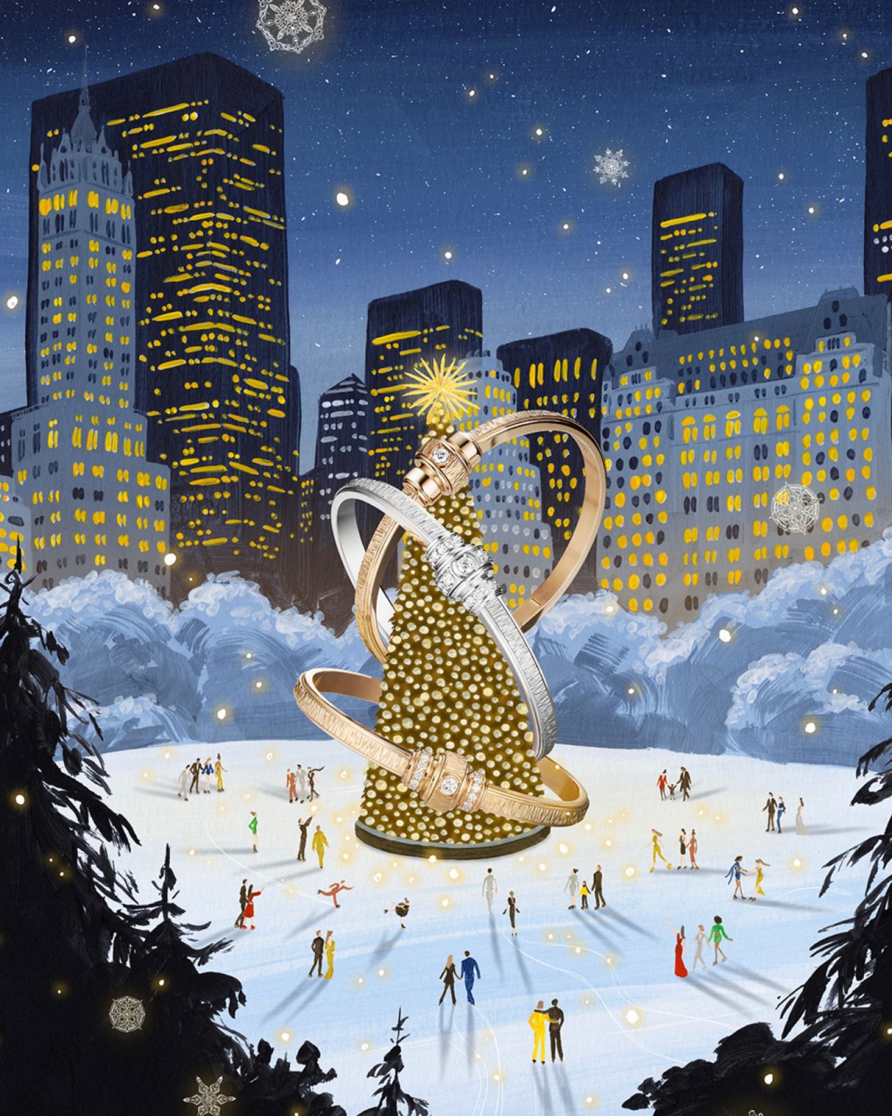 Piaget邀請插畫家Yukiko Noritake以伯爵珠寶與腕錶作品為主題描繪的聖誕場景，在她的畫作中Possession系列化為許多場景的一部分，充滿驚喜。（Photo: Piaget）