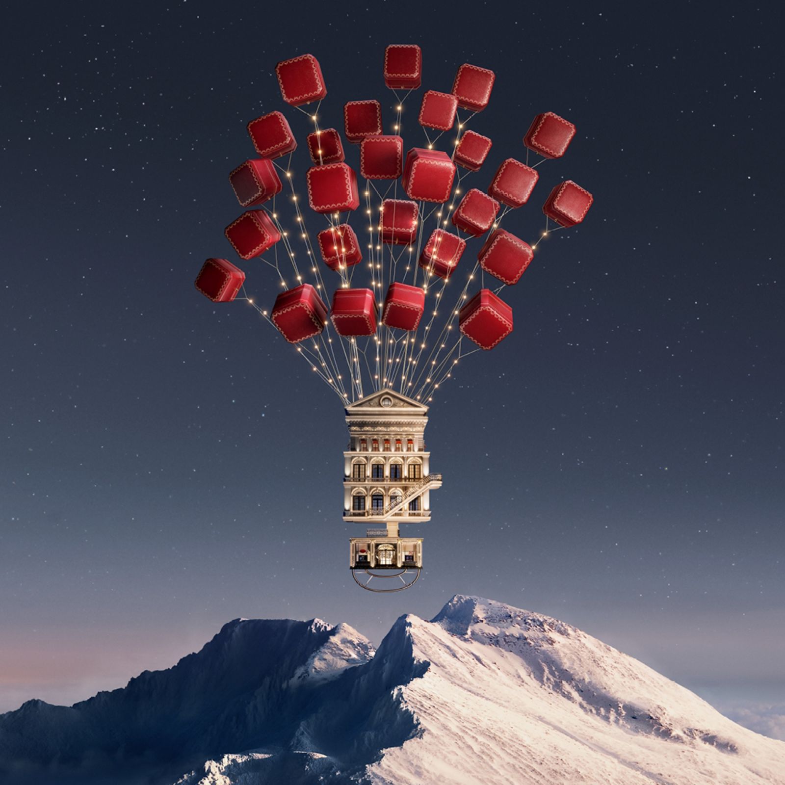 卡地亞2023年形象廣告中,經典的紅色盒子化作一顆顆氣球、帶著Fabulous House冉冉升空。(Photo: Cartier)