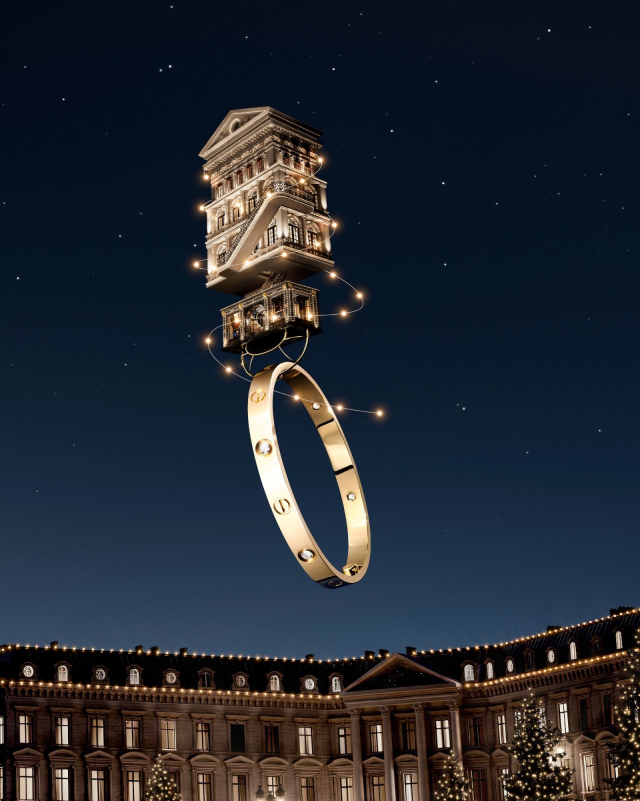 Fabulous House帶著LOVE系列手環在夜空中飛翔。(Photo: Cartier)