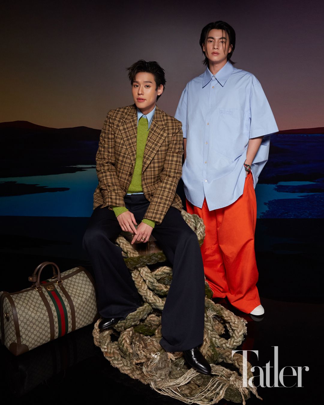 บิวกิ้น พุฒิพงศ์ และกลัฟ คณาวุฒิ ในชุดเครื่องแต่งกายจาก Gucci และกระเป๋า Gucci Savoy Duffle Bag