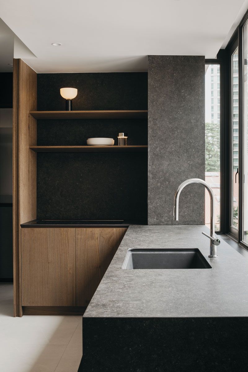 The monolithic form of the island makes a striking statement