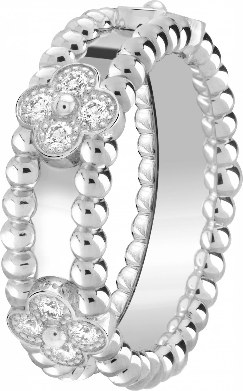 Perlée sweet clovers ring, white gold, round diamonds; diamond quality DEF, IF to VVS.