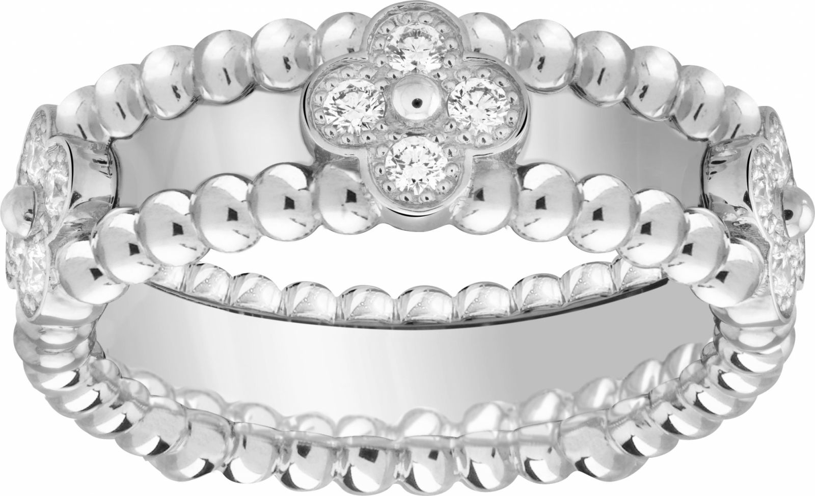 Perlée sweet clovers ring, white gold, round diamonds; diamond quality DEF, IF to VVS.