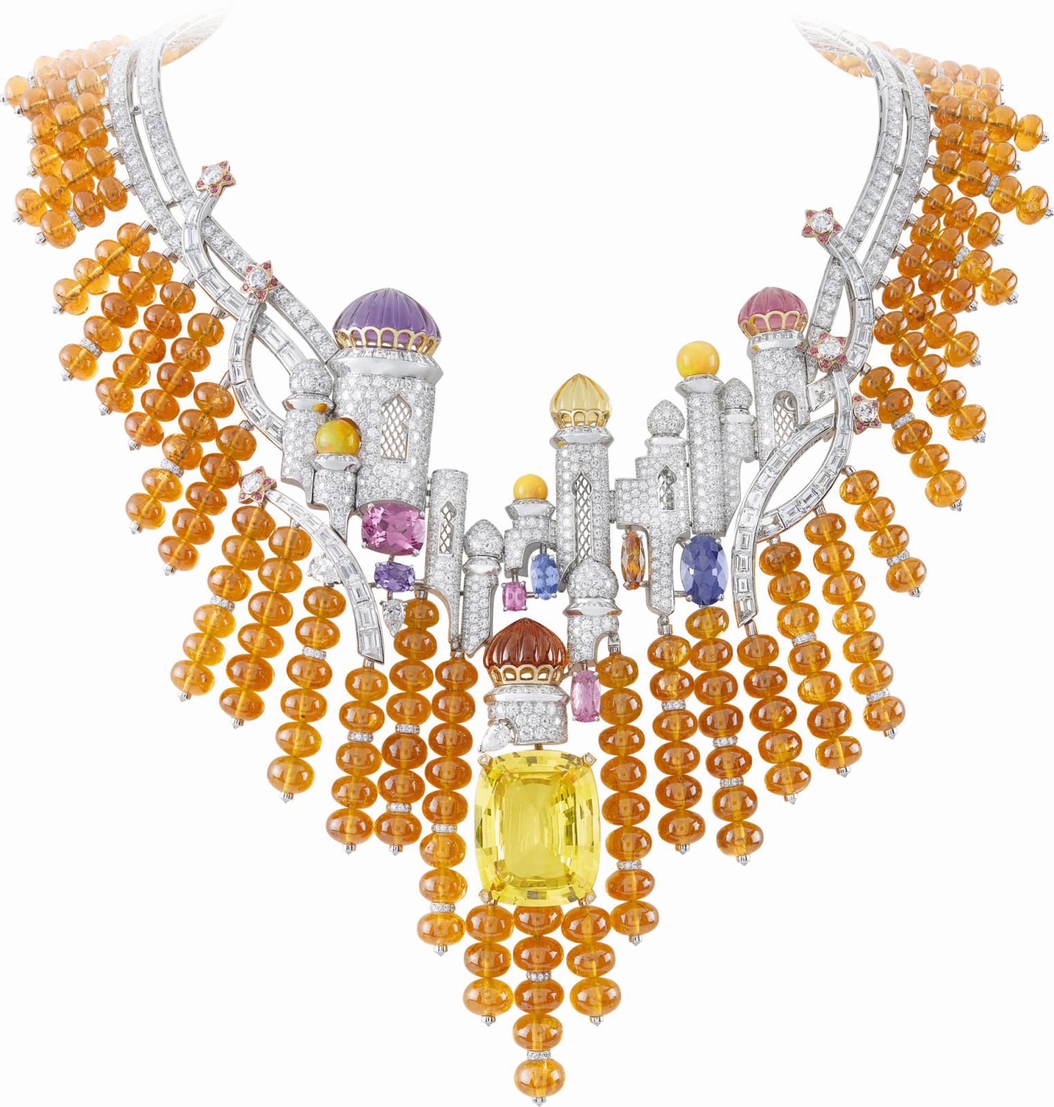 Izmir necklace. White gold, yellow gold, rose gold, one cushion-cut yellow sapphire of 50.75 carats (Sri Lanka), amethyst, spessartite garnets, blue spinel, mauve and pink spinels, citrines, pink tourmalines, fire opals, diamonds.