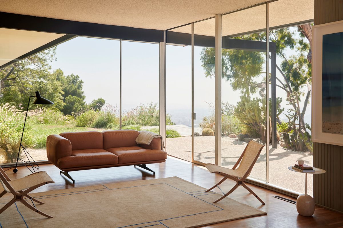 &Tradition HM10 X Lounge Chair designed by Hvidt _ Molgaard, AP12 Cruise Rug Designed by All the Way to Paris, AV22 Inland Sofa designed by Anderssen _ Voll, HM8 Tripod Floor Lamp designed by Hivdt _ Molgaard, LN8 Lato Side Table by Luca Nichetto