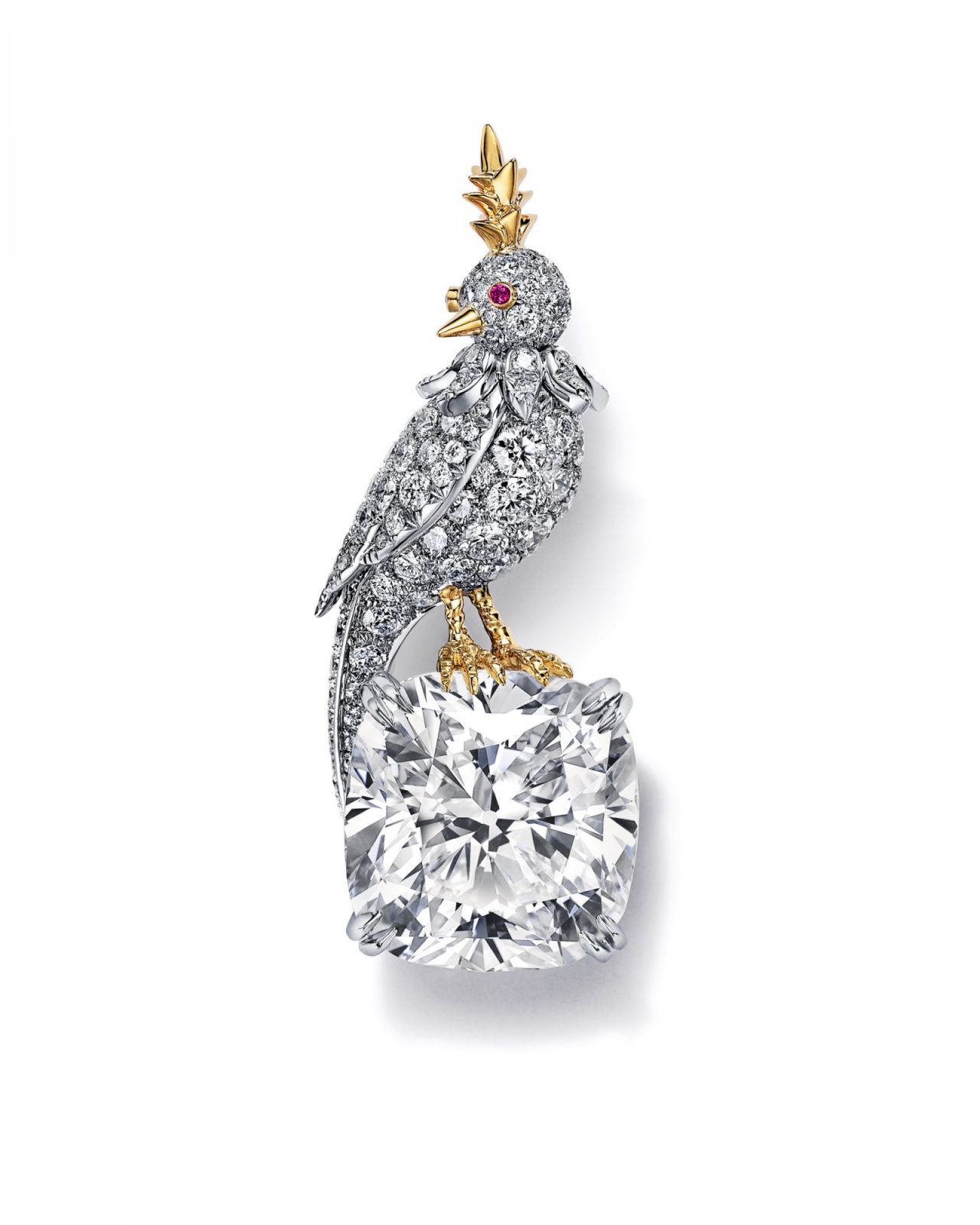 Tiffany & Co.石上鳥高級珠寶系列回眸鳥胸針，搭配的是一顆22克拉DIF等級改良型切割白鑽。（Photo: Tiffany & Co.）