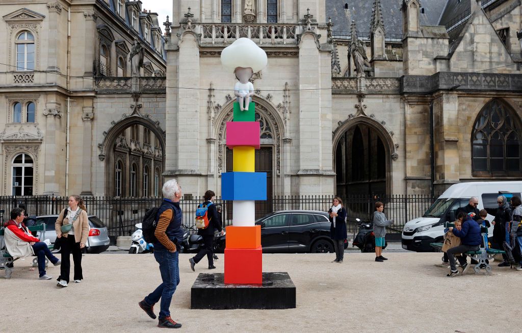 PARIS, FRANCE - OCTOBER 24: Monumental Artwork By Parisian urban artist, Julien Malland, aka Seth entitled "Jusqu'Au Ciel - Up To The Sky" is on display on October 24, 2023 in Paris, France. (Photo by Chesnot/Getty Images)