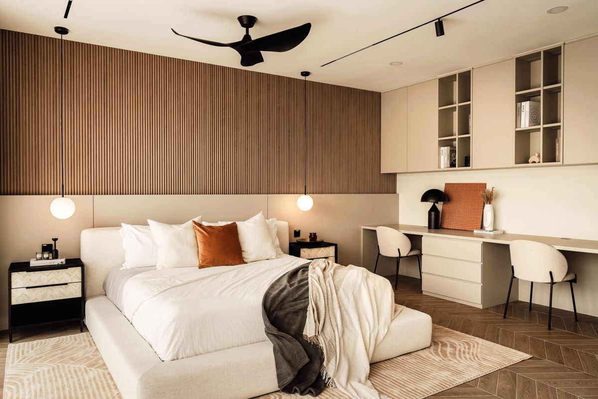 The master suite is a restful space with a soothing earthy colour scheme