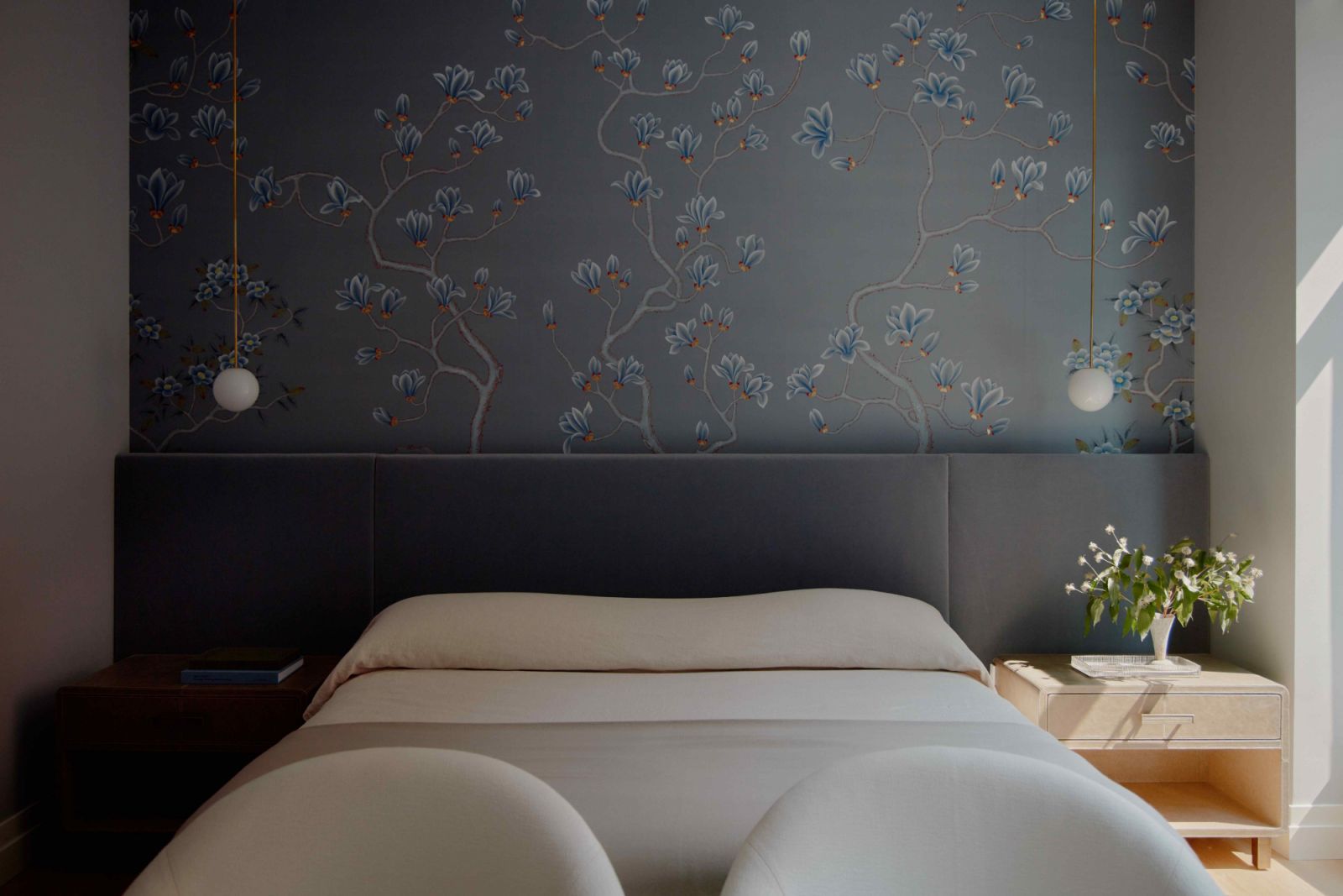 Custom wallpaper by De Gournay in the master bedroom
