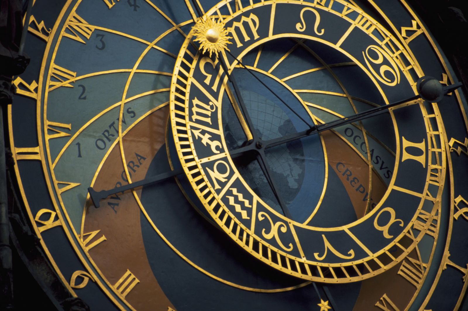 The 15th century astronomical clock on Prague's Old Town Hall tells the time and seasons, and plots the movements of sun, moon, and the zodiac constellations.