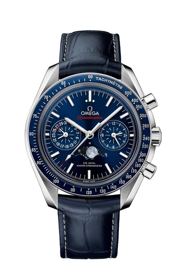 Omega Speedmaster moonphase 44.25mm in stainless steel and a blue ceramic bezel (Photo: courtesy of Omega)