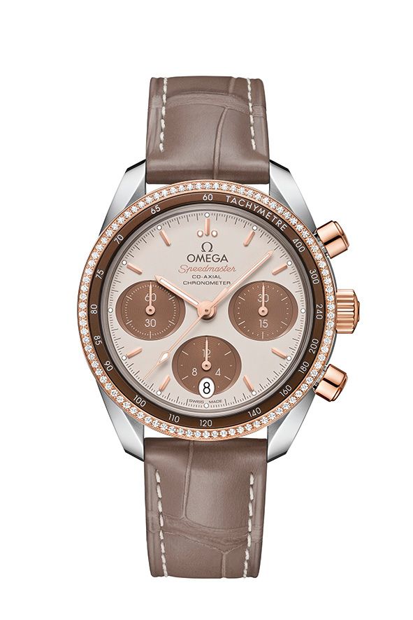 Omega Speedmaster 38mm in 18-karat Sedna Gold and a diamond lined bezel (Photo: courtesy of Omega)