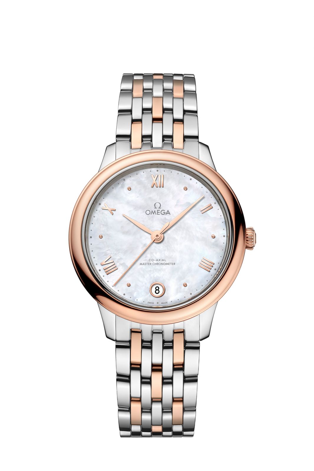Omega De Ville Prestige 34mm in stainless steel and 18-karat Sedna Gold with a white mother-of-pearl dial (Photo: courtesy of Omega)