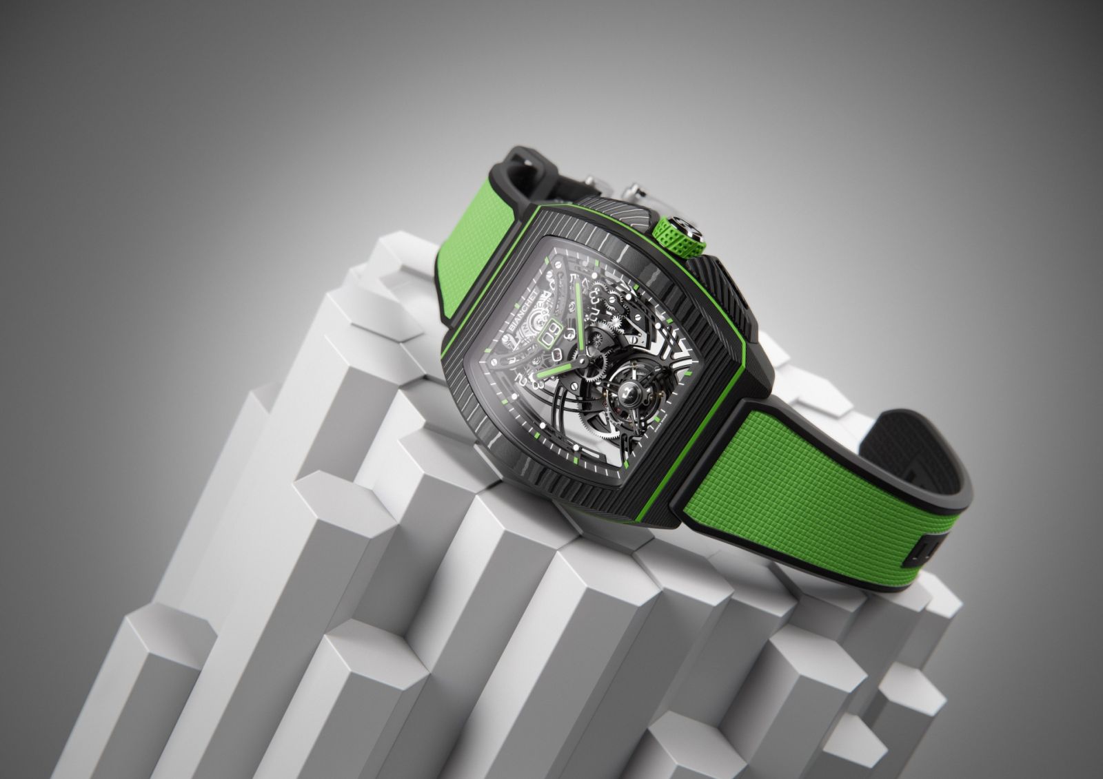 Bianchet Flying Tourbillon Grande Date B1.618 Carbon Lime腕錶。(Photo: Bianchet)