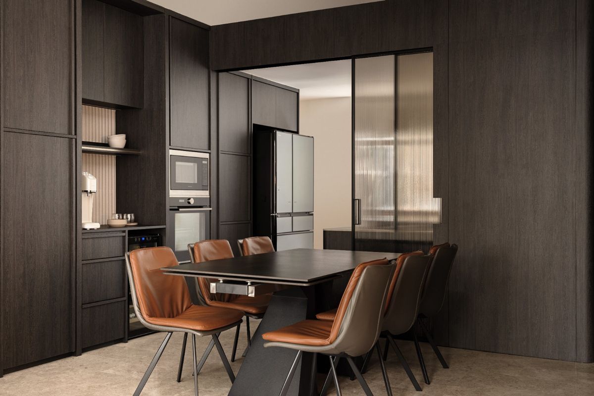 (3)KDot project - 2track 2panel Pocket sliding (with pulley) in Ultra clear Reeded (less dense) 8mm tempered glass in Black aluminium frame (bottom trackless) @ Kitchen