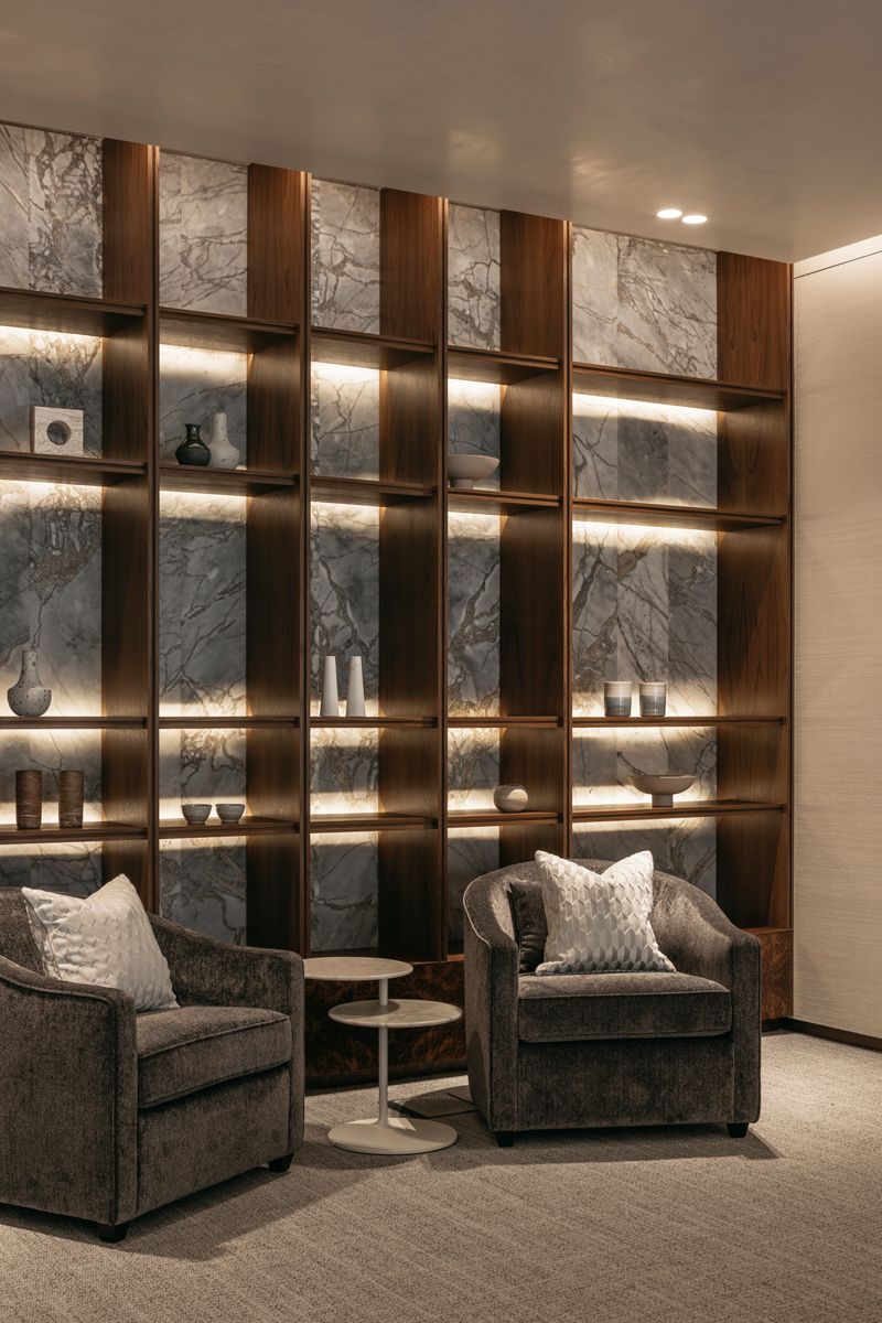 Backlit shelves create a sense of drama in this handsome lounge area by highlighting the veins on the stone-clad wall