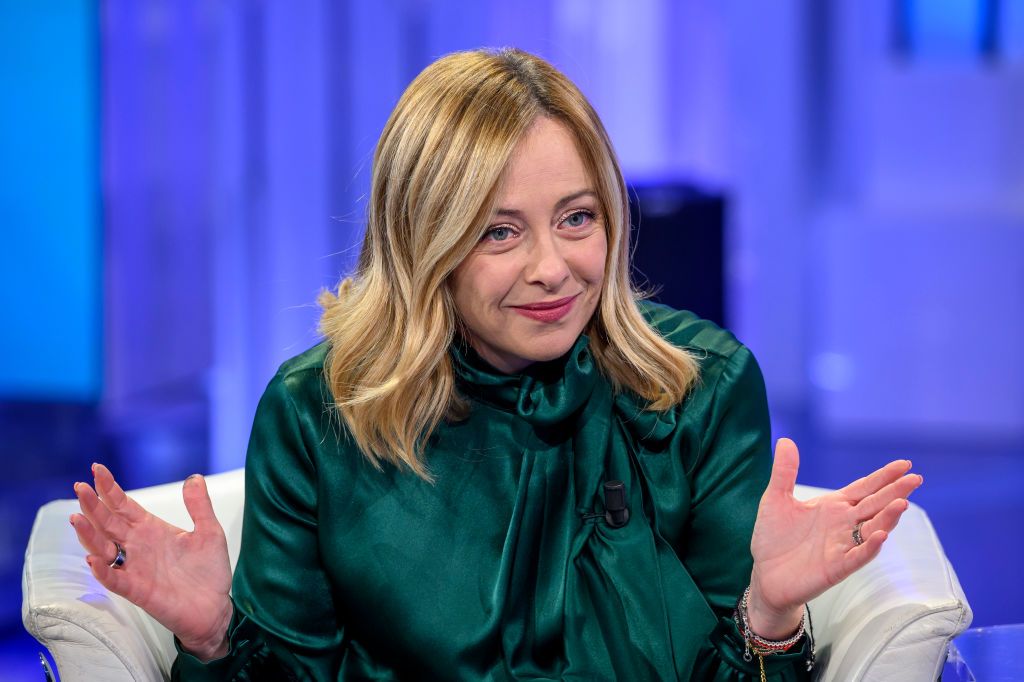 ROME, ITALY - NOVEMBER 29: Italian Prime Minister Giorgia Meloni is seen on the set of the tv show "Porta A Porta" at Rai Studios on November 29, 2023 in Rome, Italy. (Photo by Antonio Masiello/Getty Images)