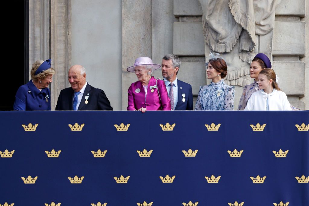 STOCKHOLM, SWEDEN - SEPTEMBER 15: Queen Anne-Marie of Greece, King Harald of Norway, Queen Margrethe of Denmark, Crown Prince Fredrik of Denmark, Crown Princess Mary Denmark, Crown Princess Victoria of Sweden and Princess Estelle of Sweden watch from the balcony during the Changing of the Guards and Choir tribute at the celebration of the 50th coronation anniversary of King Carl Gustav of Sweden on September 15, 2023 in Stockholm, Sweden. (Photo by Michael Campanella/Getty Images)