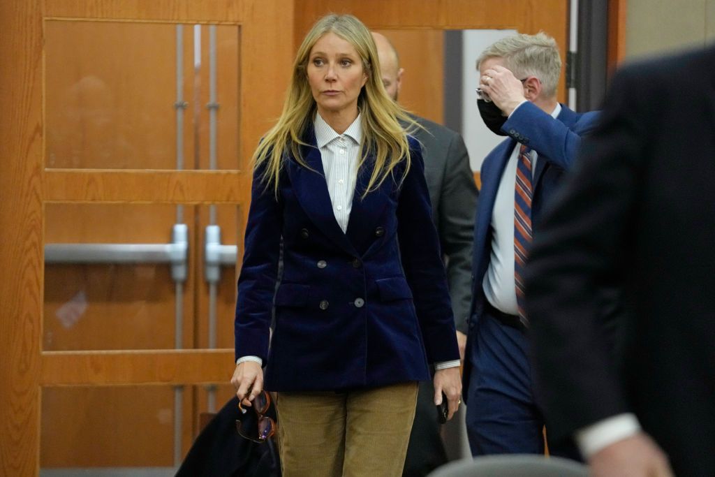 PARK CITY, UTAH - MARCH 30: Actor Gwyneth Paltrow enters court before the reading of the verdict in her civil trial over a collision with another skier on March 30, 2023, in Park City, Utah. The jury found retired optometrist Terry Sanderson "100 percent" at fault in the mishap that occurred during a run at Deer Valley Resort in Park City, Utah in 2016. Paltrow was awarded the $1 for which she had countersued. (Photo by Rick Bowmer-Pool/Getty Images)