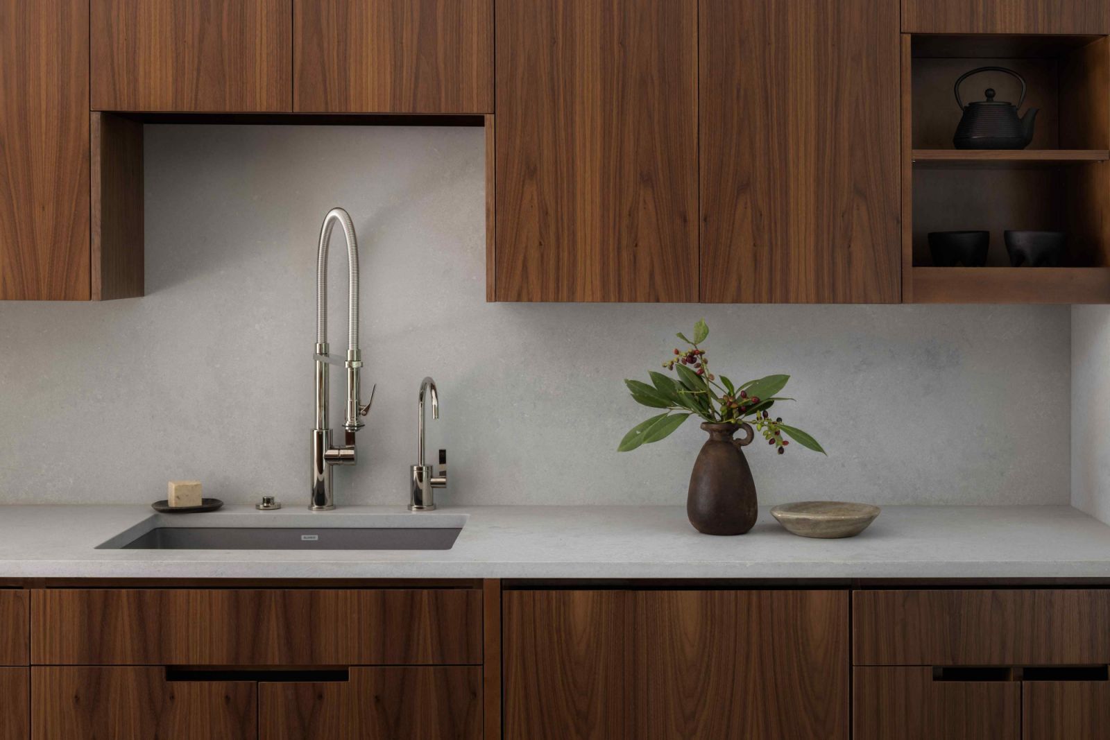Custom walnut cabinets with notches