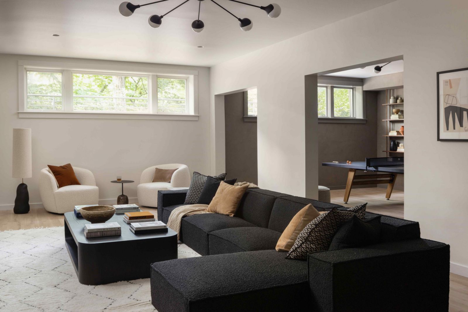 Dark, grounding upholstery in the basement family room