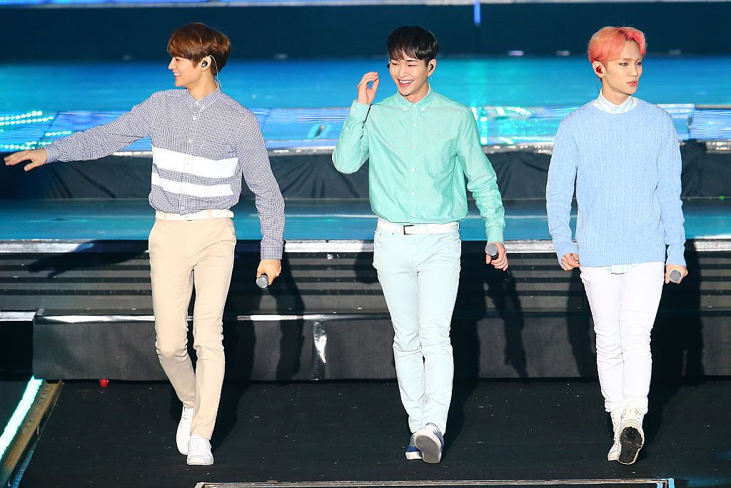 TAIPEI, TAIWAN - MARCH 21: (CHINA OUT, TAIWAN OUT) SHINee pefrom on the stage during SM Town live concert on March 21, 2015 in Taipei, Taiwan of China. (Photo by Visual China Group via Getty Images/Visual China Group via Getty Images)
