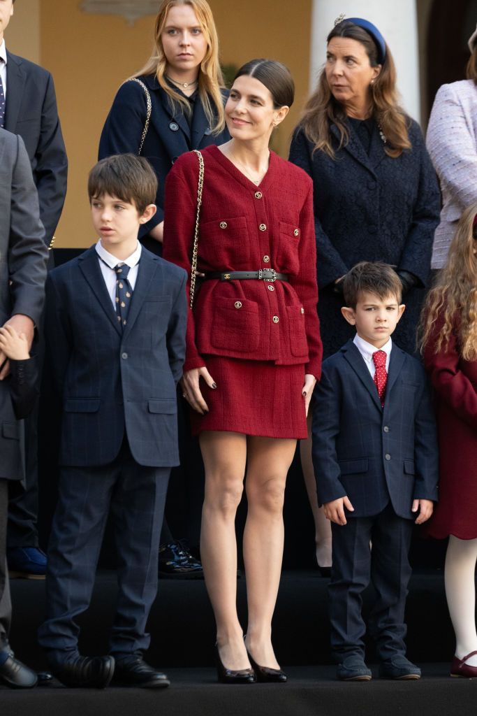 MONACO, MONACO - NOVEMBER 19: (EDITOR'S NOTE : NO TABLOIDS WEB & PRINT, NO DAILY MAIL, NO DAILY MAIL GROUP, NO VOICI, NO CLOSER) Raphael Elmaleh, Charlotte Casiraghi and Balthazar Rassam attend the Monaco National Day 2023 on November 19, 2023 in Monaco, Monaco. (Photo by David Niviere/SC Pool - Corbis/Getty Images)