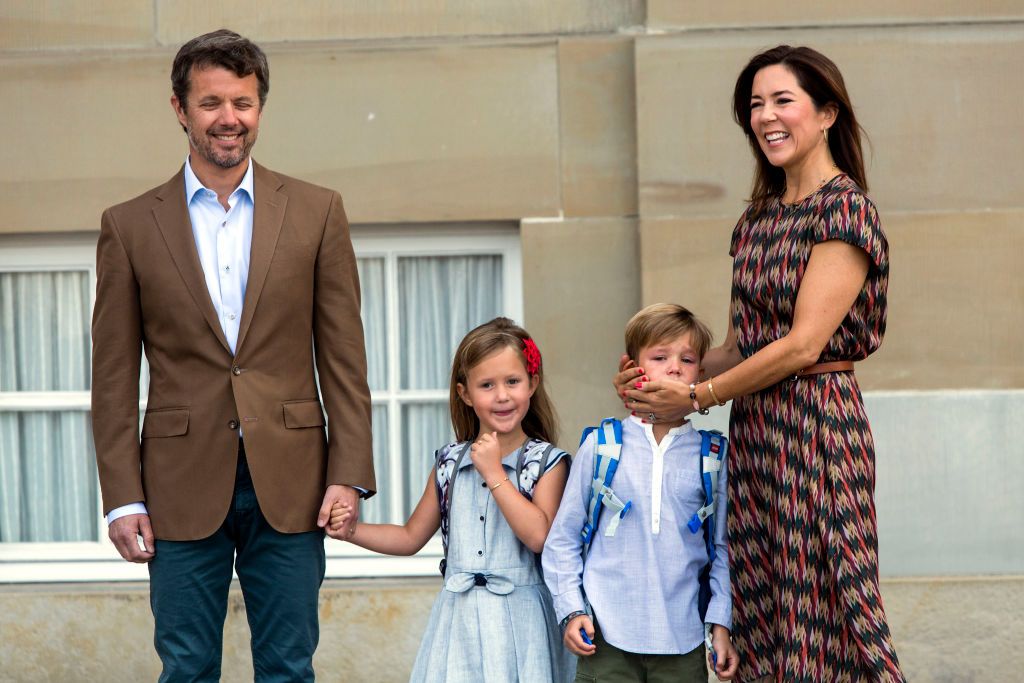 COPENHAGEN, DENMARK - AUGUST 15: Crown Prince Frederik and Crown Princess Mary accompany their children Princess Jesephine and Prince Vincent to the first day at school on August 15, 2017 in Copenhagen, Denmark. (Photo by Ole Jensen - Corbis/Corbis via Getty Images)